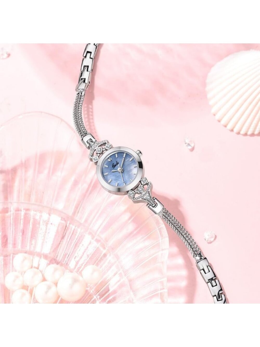 Women's Silver Blue Elegant Steel Mesh Strap Rhinestone Pearl Dial Quartz Watch - Picture 2 of 6